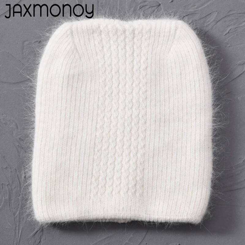 Jaxmonoy Kapa kapa od zečjeg krzna s mačjim ušima Zimska dvoslojna topla pahuljasta angora mješavina Skullies Jesen Djevojka Slatka kapa s ušima Ženska