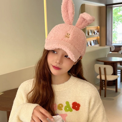 Izšūta multfilmas beisbola cepure, modes ziemas silta plīša ausu tops, jauks zaķis, cieta sieviešu cepure
