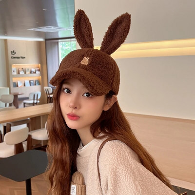 Izšūta multfilmas beisbola cepure, modes ziemas silta plīša ausu tops, jauks zaķis, cieta sieviešu cepure