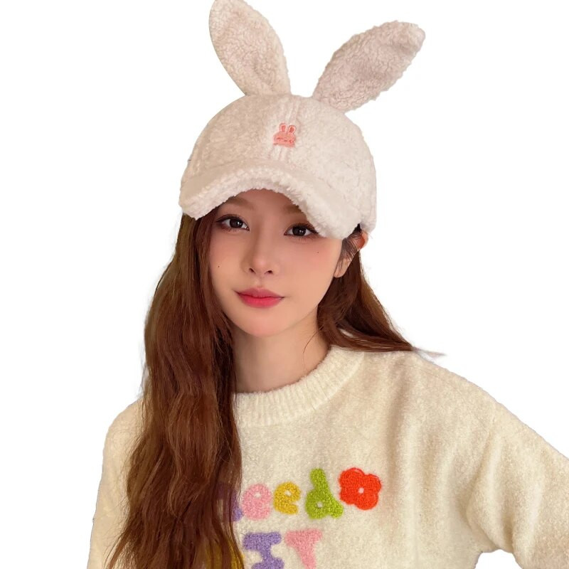 Izšūta multfilmas beisbola cepure, modes ziemas silta plīša ausu tops, jauks zaķis, cieta sieviešu cepure