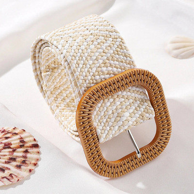 Vintage Bohemian četvrtasta kopča Elastični pleteni pojasevi Žensko ljetno divlje laneno tkanje Lažni slamnati pojas za pojas Dekoracija košulje