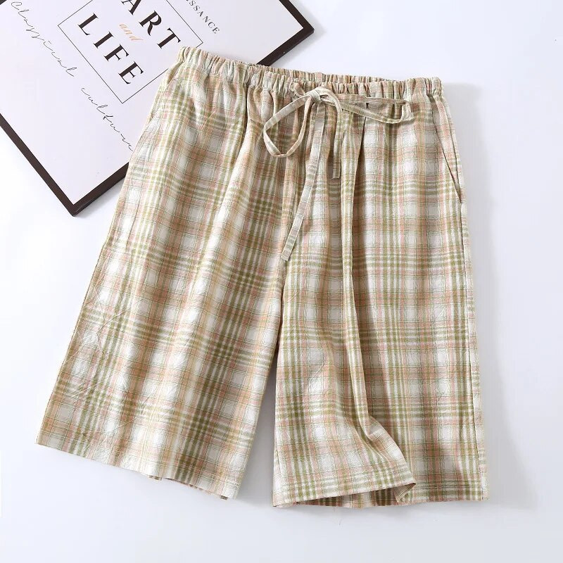 Pidžamas šorti vīriešiem vasaras rūtaini dizaina plānas kokvilnas lielizmēra brīvi pieguļošas mājas Capris pidžamas bikses vīriešiem naktsveļa