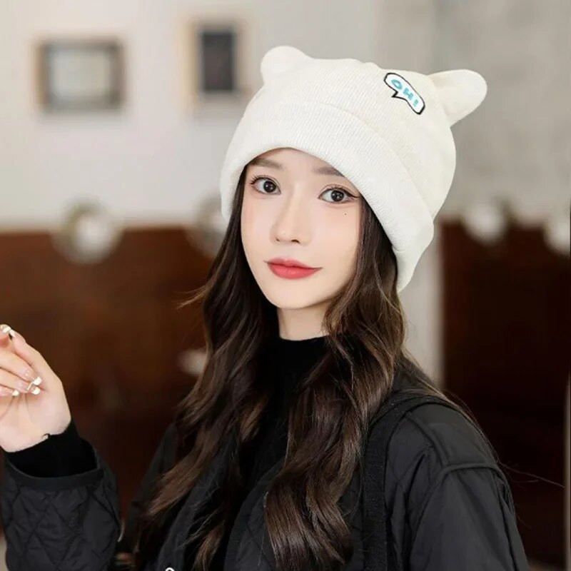 Ausu Trikotāžas Cepure Rudens Ziemas Siltas Cepures Sievietēm Vilnas Cepure Aukstā Cepure Meitenēm Jauka Mode Silta Cepure Hip Hop Unisex Sieviešu pupiņas