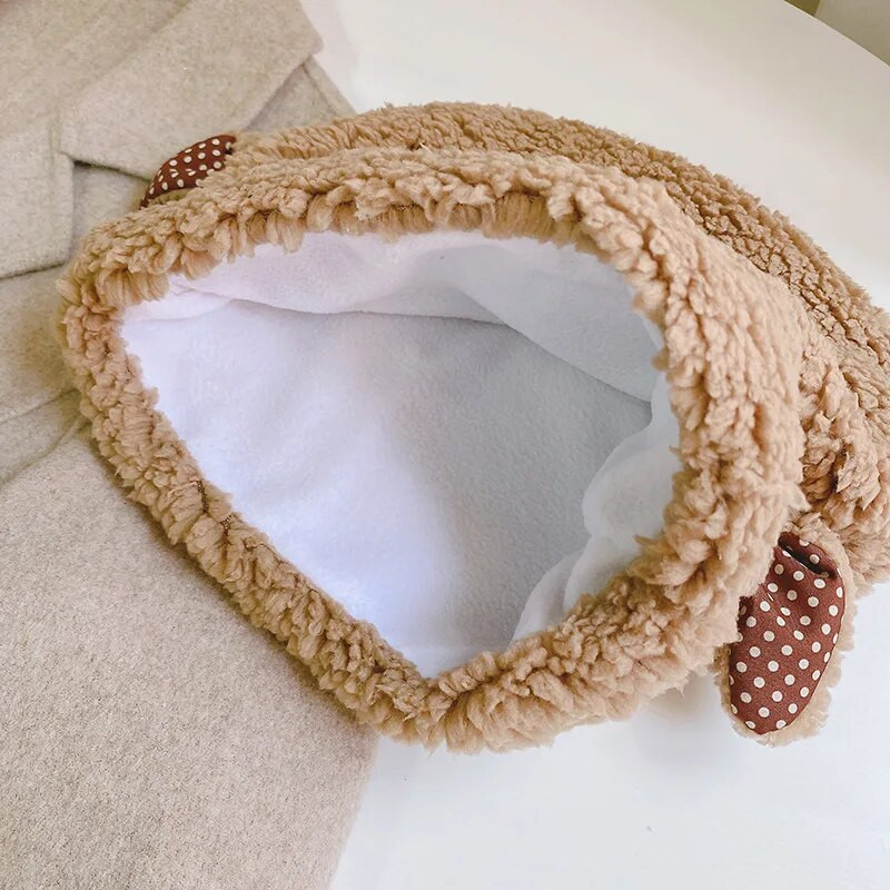 Rudens un ziemas ērta kokvilnas vilnas jēra pulovers sieviešu ziemas ausu aizsardzība plīša, jauna korejiešu cepure