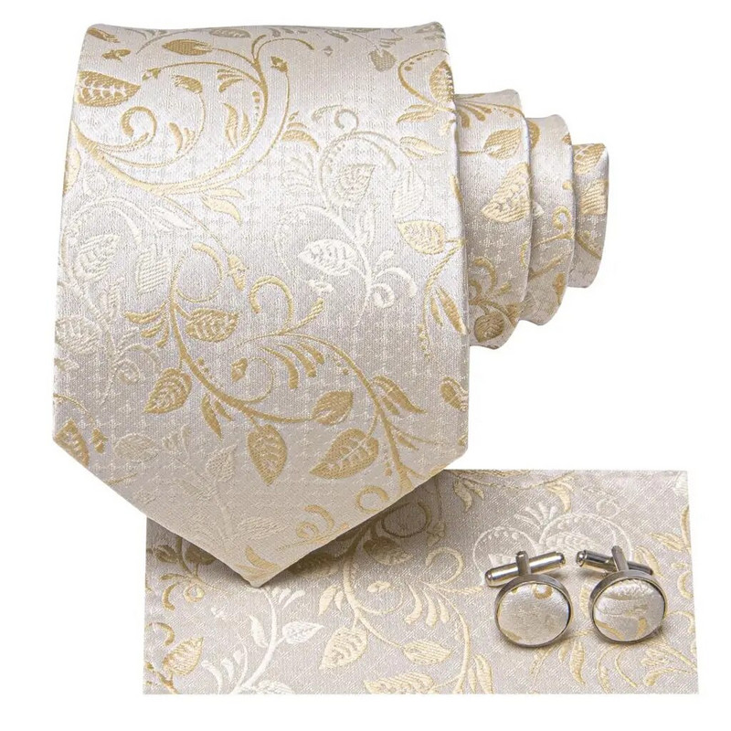 Hi-Tie Svilena vjenčana kravata boje šampanjca boje bjelokosti, jednobojni cvjetni dizajn za muškarce, kvalitetna dugmad za manžete, modna kravata, poslovna isporuka