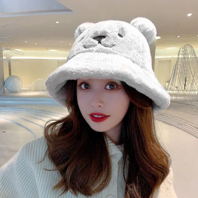 Új téli medvefül plüss vödörsapka lányok aranyos szőrös meleg vödörsapka női divat plüss puha, meleg, vastagított védő edénysapka