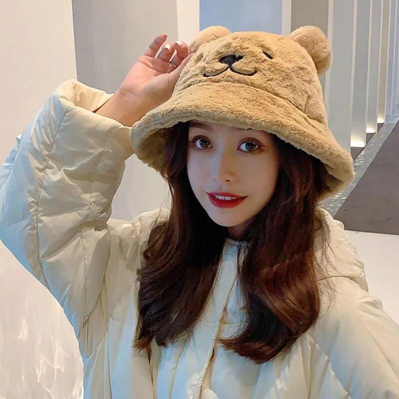 Új téli medvefül plüss vödörsapka lányok aranyos szőrös meleg vödörsapka női divat plüss puha, meleg, vastagított védő edénysapka