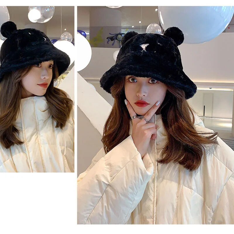 Új téli medvefül plüss vödörsapka lányok aranyos szőrös meleg vödörsapka női divat plüss puha, meleg, vastagított védő edénysapka