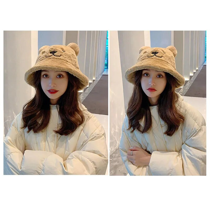 Új téli medvefül plüss vödörsapka lányok aranyos szőrös meleg vödörsapka női divat plüss puha, meleg, vastagított védő edénysapka