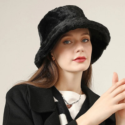 Bieza pūkaina kažokādas cepure sievietēm ziemas silta zvejnieka cepure vienkrāsains plīša Panama cepure Fashion sieviete Bob Sunbonnet gorras