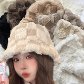 Ribarski šešir od janjećeg pliša, modni šešir od berberskog flisa, kockasti šešir, zimska, deblja kapa otporna na hladnoću, na otvorenom, široki obodi, toplina