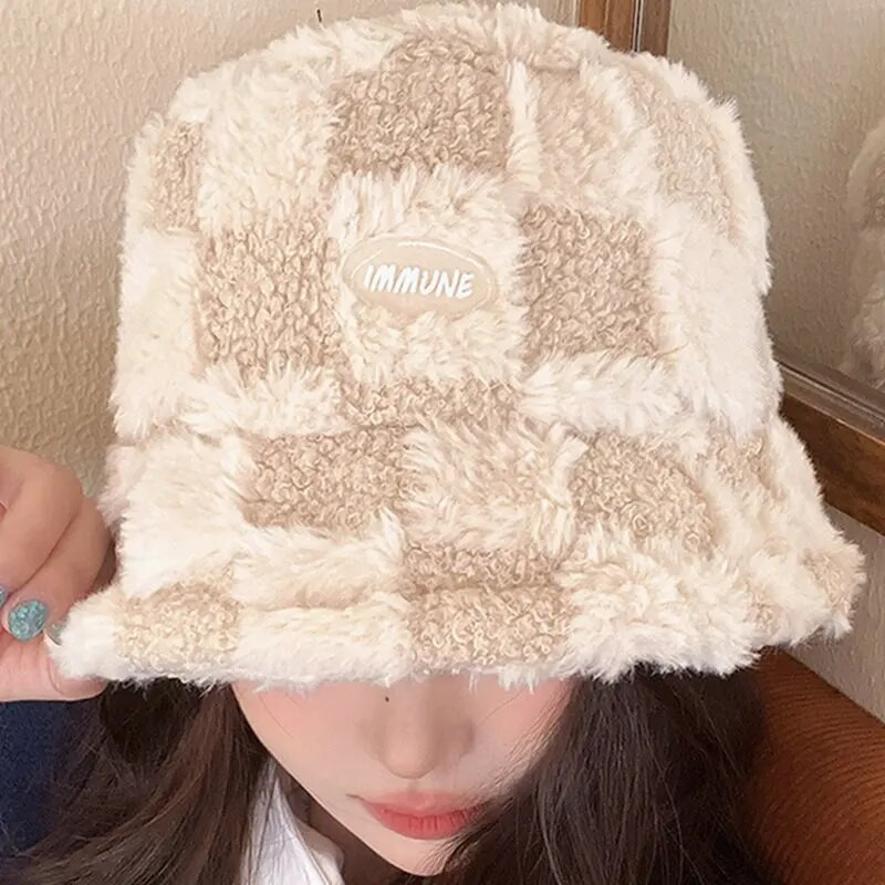 Ribarski šešir od janjećeg pliša, modni šešir od berberskog flisa, kockasti šešir, zimska, deblja kapa otporna na hladnoću, na otvorenom, široki obodi, toplina