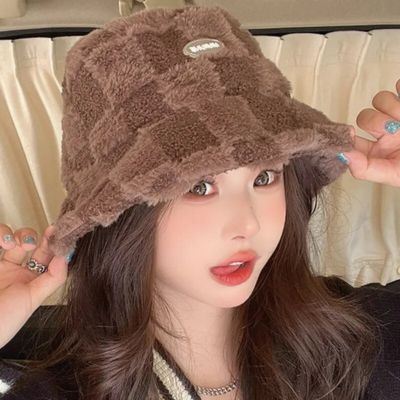 Ribarski šešir od janjećeg pliša, modni šešir od berberskog flisa, kockasti šešir, zimska, deblja kapa otporna na hladnoću, na otvorenom, široki obodi, toplina