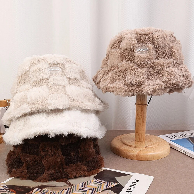 Ribarski šešir od janjećeg pliša, modni šešir od berberskog flisa, kockasti šešir, zimska, deblja kapa otporna na hladnoću, na otvorenom, široki obodi, toplina