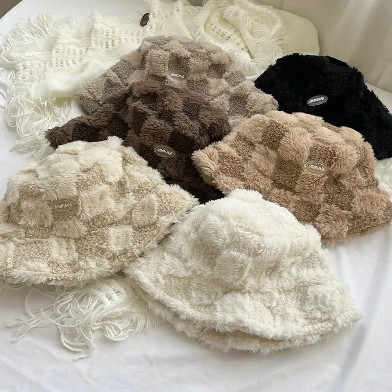 Ribarski šešir od janjećeg pliša, modni šešir od berberskog flisa, kockasti šešir, zimska, deblja kapa otporna na hladnoću, na otvorenom, široki obodi, toplina