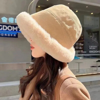 Μαλακό βελούδινο καπέλο κουβά Κορεατικό χειμερινό καπέλο ψαρά με παχύρρευστη μόδα για εξωτερικούς χώρους ζεστά φασόλια γυναικεία αντιανεμικά καπέλα Panama