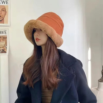 Μαλακό βελούδινο καπέλο κουβά Κορεατικό χειμερινό καπέλο ψαρά με παχύρρευστη μόδα για εξωτερικούς χώρους ζεστά φασόλια γυναικεία αντιανεμικά καπέλα Panama