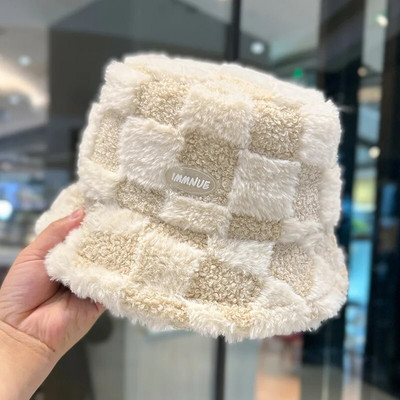 Janjeći karirani šešir Zimski topli baršunasti šeširi za žene Deblji bob za djevojčice Panama za ribolov na otvorenom Šeširi za zaštitu od sunca Kape Gorro