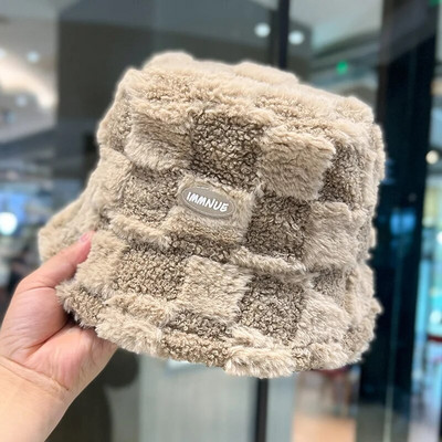 Janjeći karirani šešir Zimski topli baršunasti šeširi za žene Deblji bob za djevojčice Panama za ribolov na otvorenom Šeširi za zaštitu od sunca Kape Gorro