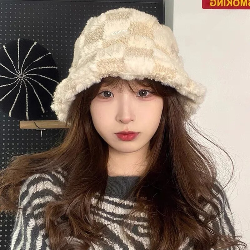 Janjeći karirani šešir Zimski topli baršunasti šeširi za žene Deblji bob za djevojčice Panama za ribolov na otvorenom Šeširi za zaštitu od sunca Kape Gorro