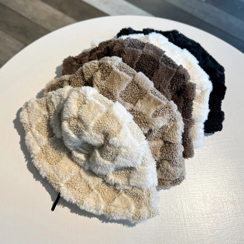 Janjeći karirani šešir Zimski topli baršunasti šeširi za žene Deblji bob za djevojčice Panama za ribolov na otvorenom Šeširi za zaštitu od sunca Kape Gorro