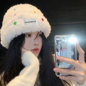 Plišana ženska kapa sa šarenim gumbima, pahuljasta krznena naušnica, kapa, korejska djevojka, topla kapa na otvorenom, ležerna pokrivala za glavu