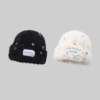 Γυναικεία βελούδινα πολύχρωμα κουμπιά Beanie Fluffy Fur Ωτοασπίδες Καπάκι Κορεάτικο καπέλο εξωτερικού χώρου με ζεστό καπέλο casual