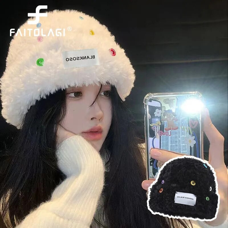 Plišana ženska kapa sa šarenim gumbima, pahuljasta krznena naušnica, kapa, korejska djevojka, topla kapa na otvorenom, ležerna pokrivala za glavu