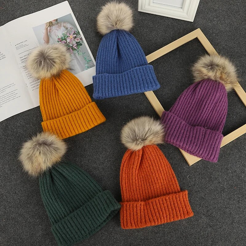 Pălării groase, calde, tricotate de iarnă, pentru femei, fete, șapcă mare cu pompon, culoare uni, pălărie cu dungi, șepci de schi în aer liber