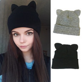 Topla zimska kapa Prekrasna ženska kapa s mačjim ušima Crno siva pletena vunena kapa Lady Girl Meke heklane Skullies kape