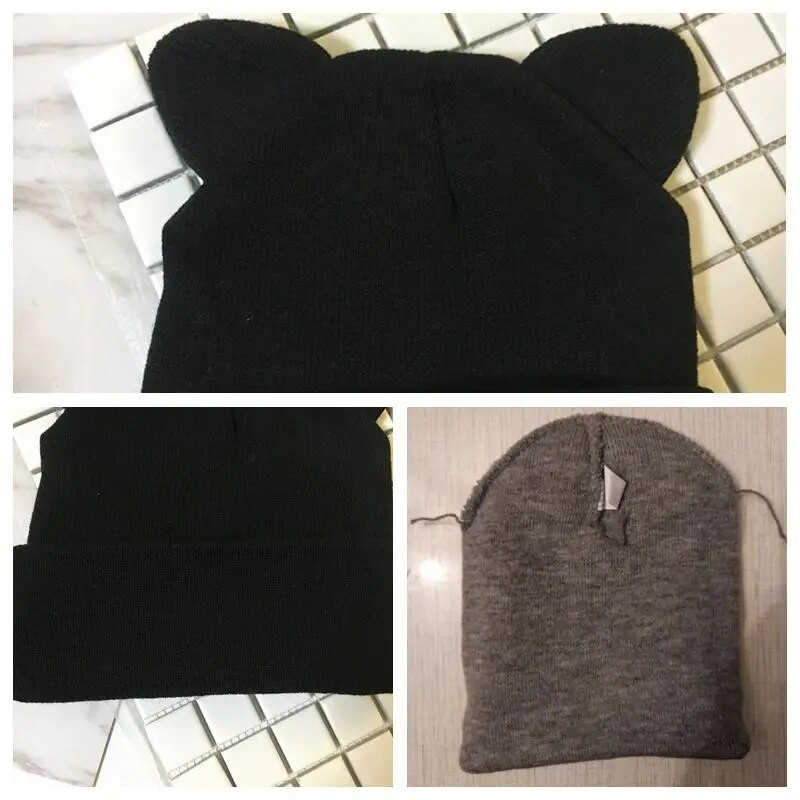 Topla zimska kapa Prekrasna ženska kapa s mačjim ušima Crno siva pletena vunena kapa Lady Girl Meke heklane Skullies kape