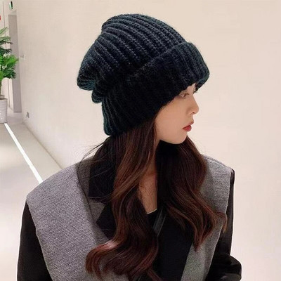 Ženska pletena prugasta kapa Jesen Zima Vrećasta kapa s kapom Jednobojna Djevojka Dama Ležerna topla kapa s šeširićem