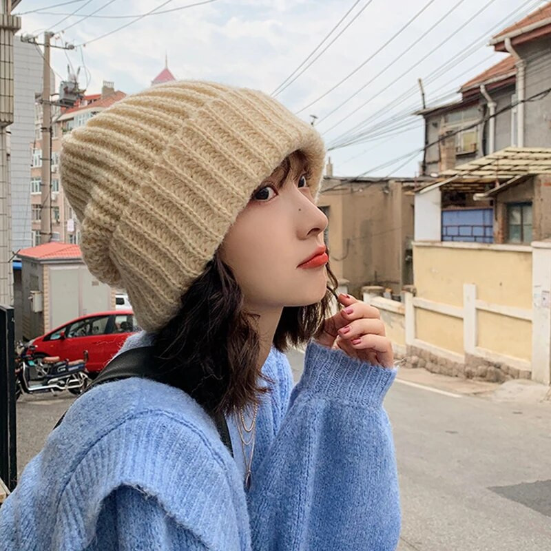 Ženska pletena prugasta kapa Jesen Zima Vrećasta kapa s kapom Jednobojna Djevojka Dama Ležerna topla kapa s šeširićem