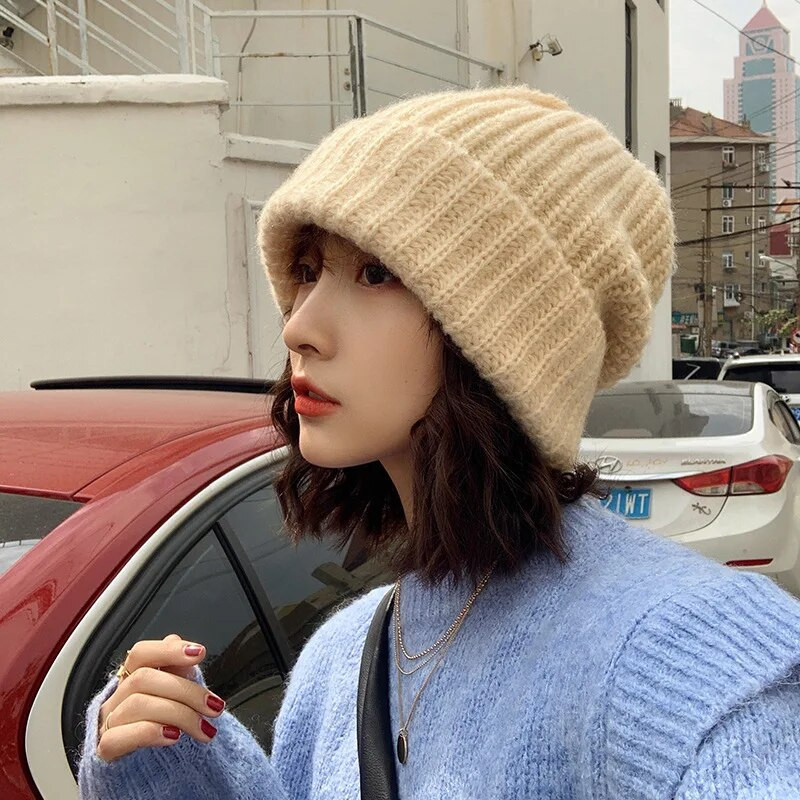 Ženska pletena prugasta kapa Jesen Zima Vrećasta kapa s kapom Jednobojna Djevojka Dama Ležerna topla kapa s šeširićem