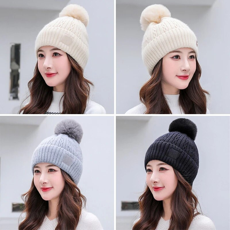 Zimska pletena kapa s velikim pomponima, jednobojna, ženska deblja plišana kapa s kapom, ženska kapa za van, topla kapa otporna na hladnoću