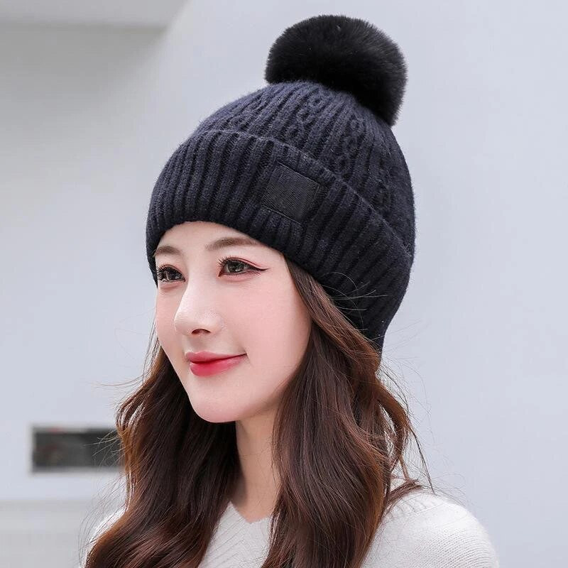 Zimska pletena kapa s velikim pomponima, jednobojna, ženska deblja plišana kapa s kapom, ženska kapa za van, topla kapa otporna na hladnoću