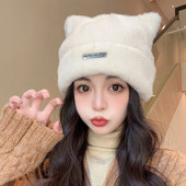 Armsad kassikõrvad, naiste plüüsist müts Pehme kohev karusnaha talvine soe nokamüts tüdrukule ühevärvilised multifilmi peakattega mütsid
