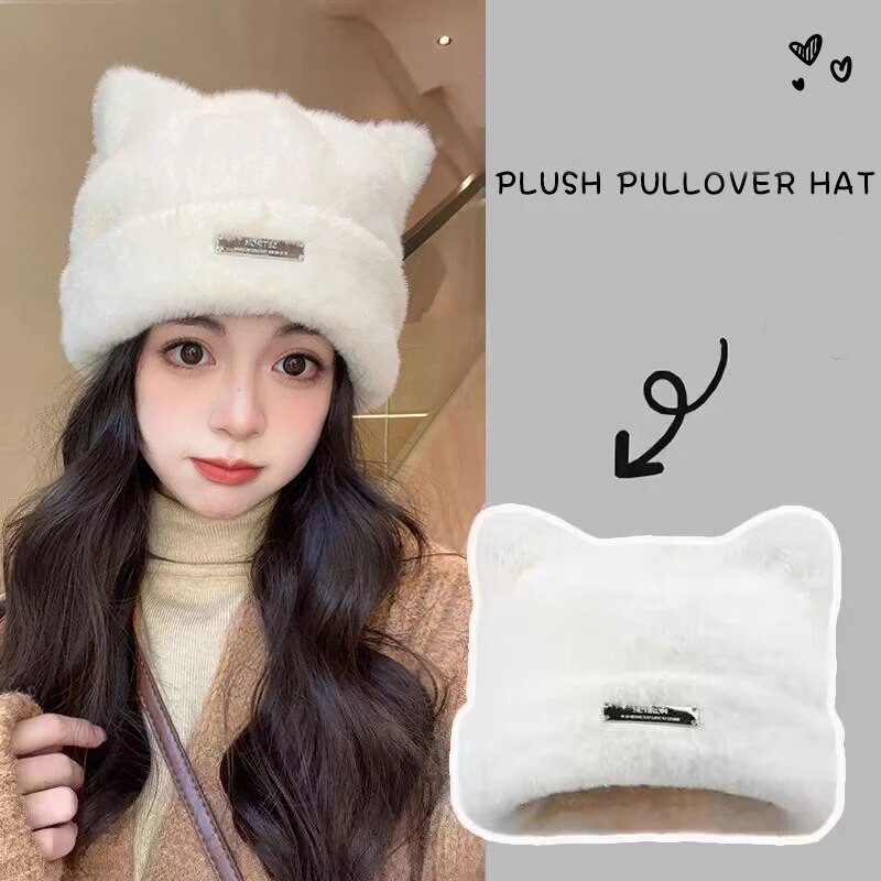 Armsad kassikõrvad, naiste plüüsist müts Pehme kohev karusnaha talvine soe nokamüts tüdrukule ühevärvilised multifilmi peakattega mütsid