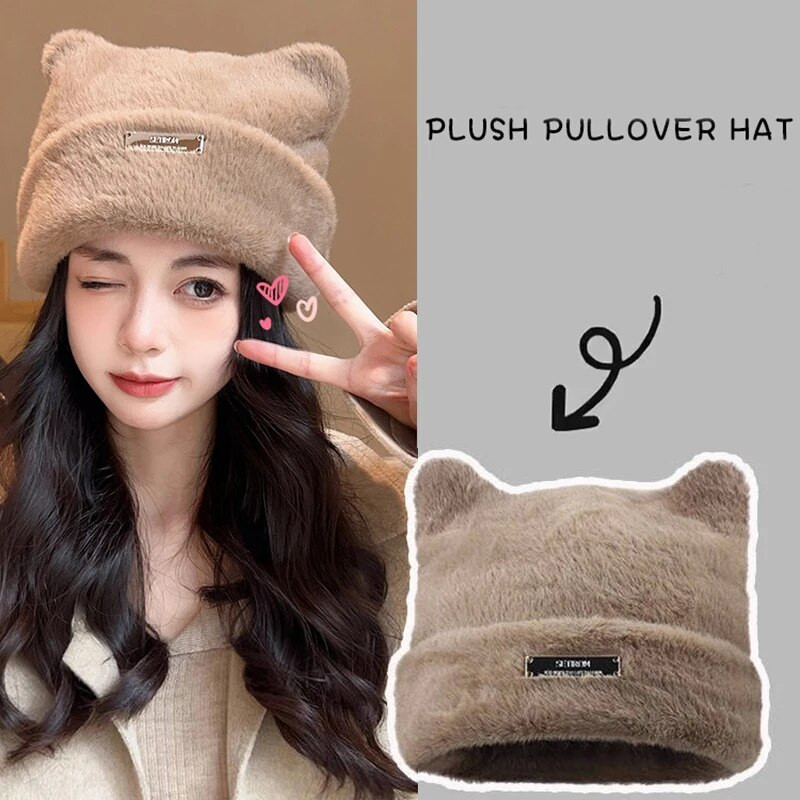 Armsad kassikõrvad, naiste plüüsist müts Pehme kohev karusnaha talvine soe nokamüts tüdrukule ühevärvilised multifilmi peakattega mütsid