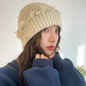 Jednobojne poderane pletene kape za žene, muškarce, hip-hop kapa s rupama, elastična kapa na glavi, jesen, zima, topla pulover kapa