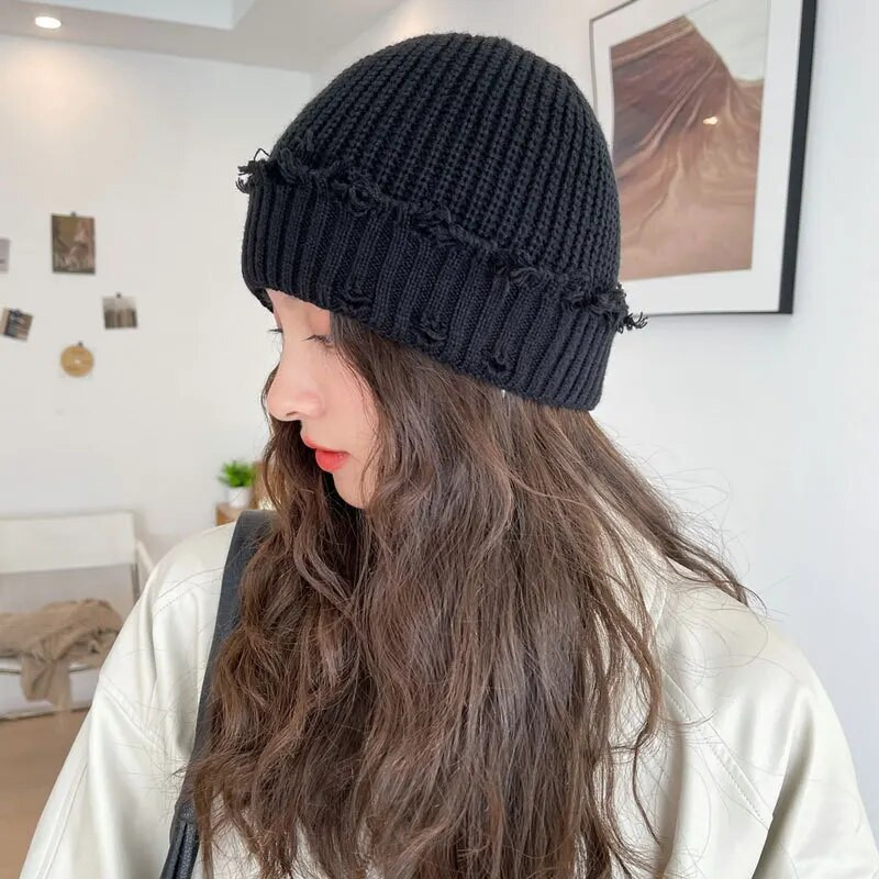 Jednobojne poderane pletene kape za žene, muškarce, hip-hop kapa s rupama, elastična kapa na glavi, jesen, zima, topla pulover kapa