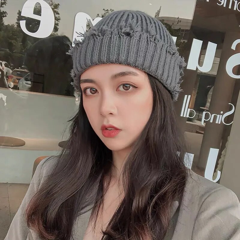 Jednobojne poderane pletene kape za žene, muškarce, hip-hop kapa s rupama, elastična kapa na glavi, jesen, zima, topla pulover kapa