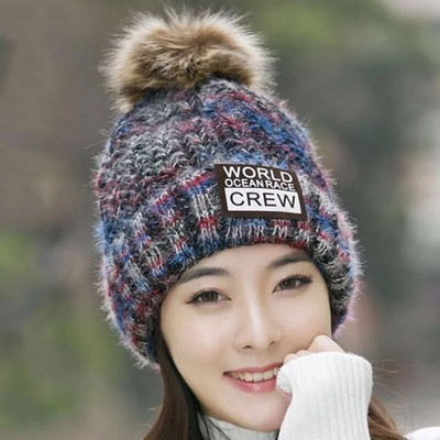 Ziemas cepure Sieviešu biezas, siltas skulles Beanie Krāsains pompons trikotāžas plīša odere Cepures Sieviešu āra siltākas slēpošanas cepures