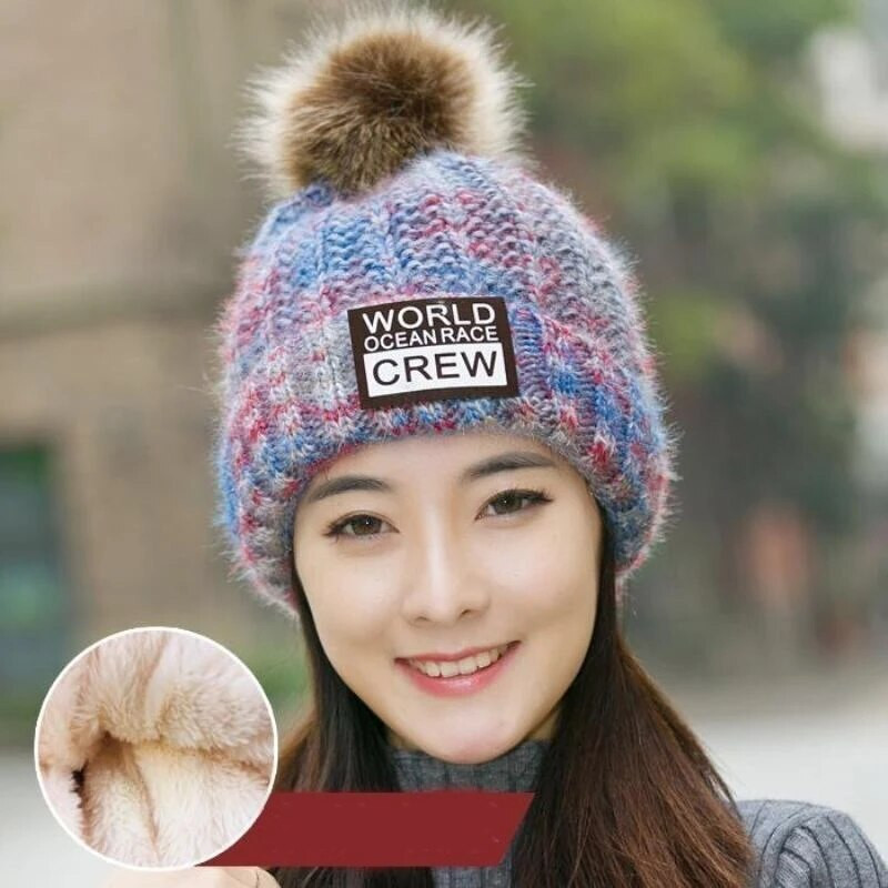 Ziemas cepure Sieviešu biezas, siltas skulles Beanie Krāsains pompons trikotāžas plīša odere Cepures Sieviešu āra siltākas slēpošanas cepures