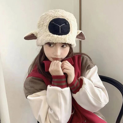 Sieviešu jēra vilnas cepure Ziemas jauka aitas auss plīša cepure āra silta meiteņu cepure