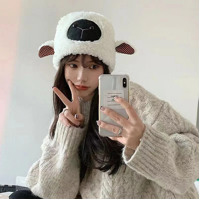 Sieviešu jēra vilnas cepure Ziemas jauka aitas auss plīša cepure āra silta meiteņu cepure