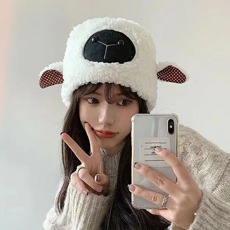 Sieviešu jēra vilnas cepure Ziemas jauka aitas auss plīša cepure āra silta meiteņu cepure