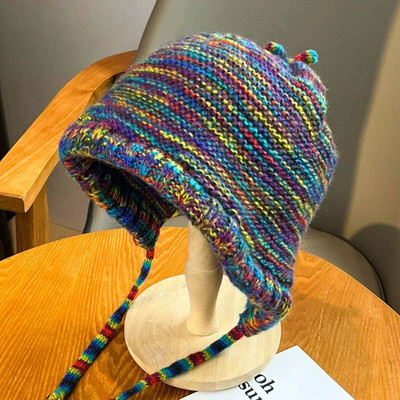 Žieminės ausų apsaugos kepuraitė moterims Minkšta vilnonė megzta šilta kepurė Rainbow Stripe Girl Feamle Slidinėjimo kaukolė Beanie