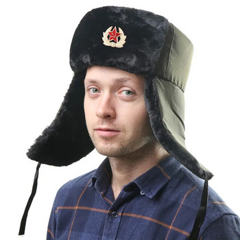 Στρατιωτικό σήμα του σοβιετικού στρατού Ρωσία Ushanka καπέλα βομβαρδιστικών καπέλων πιλότου Trapper Trooper Καπέλο χειμερινής ψεύτικη γούνα κουνελιού Earflap Ανδρικά καπέλα για το χιόνι