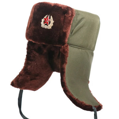 Sovjetska armija Vojna značka Rusija Ushanka Bomber Kape Pilot Trapper Trooper Kapa Zimska umjetna zečja krzna Naušnice Muške snježne kape